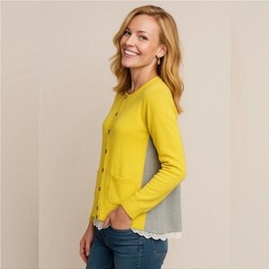 CAbi Yellow and Gray Cardigan with attached sheer cami small
